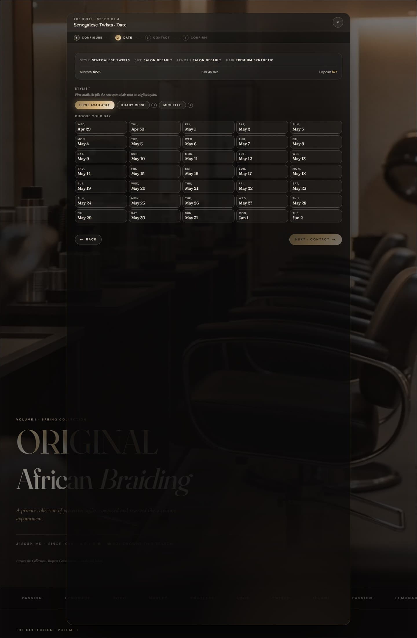 Step 2 — provider: choose first available or a specific stylist
